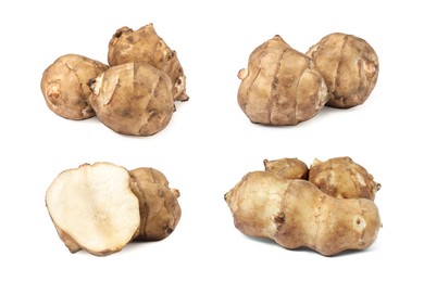 Collage with Jerusalem artichokes on white background