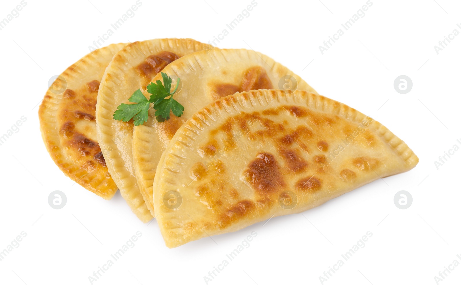 Photo of Delicious fried chebureki with cheese and parsley isolated on white