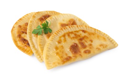 Delicious fried chebureki with cheese and parsley isolated on white