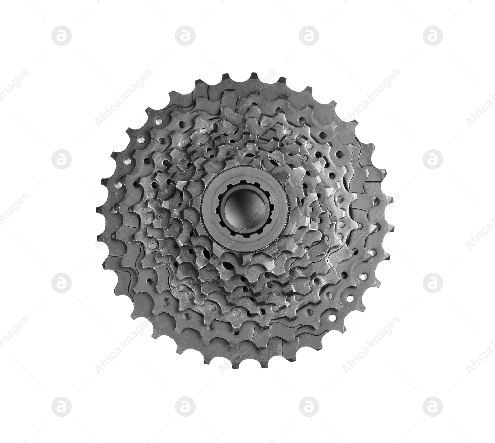 Photo of Modern bicycle cogset on white background, top view