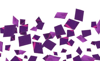 Image of Shiny purple confetti falling on white background
