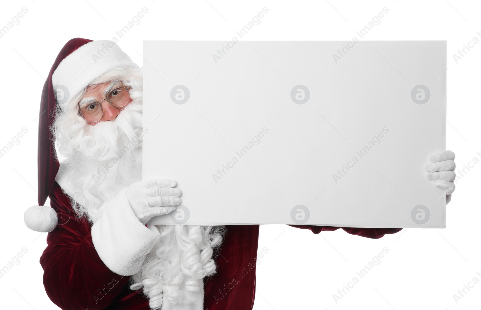 Photo of Santa Claus with blank banner on white background