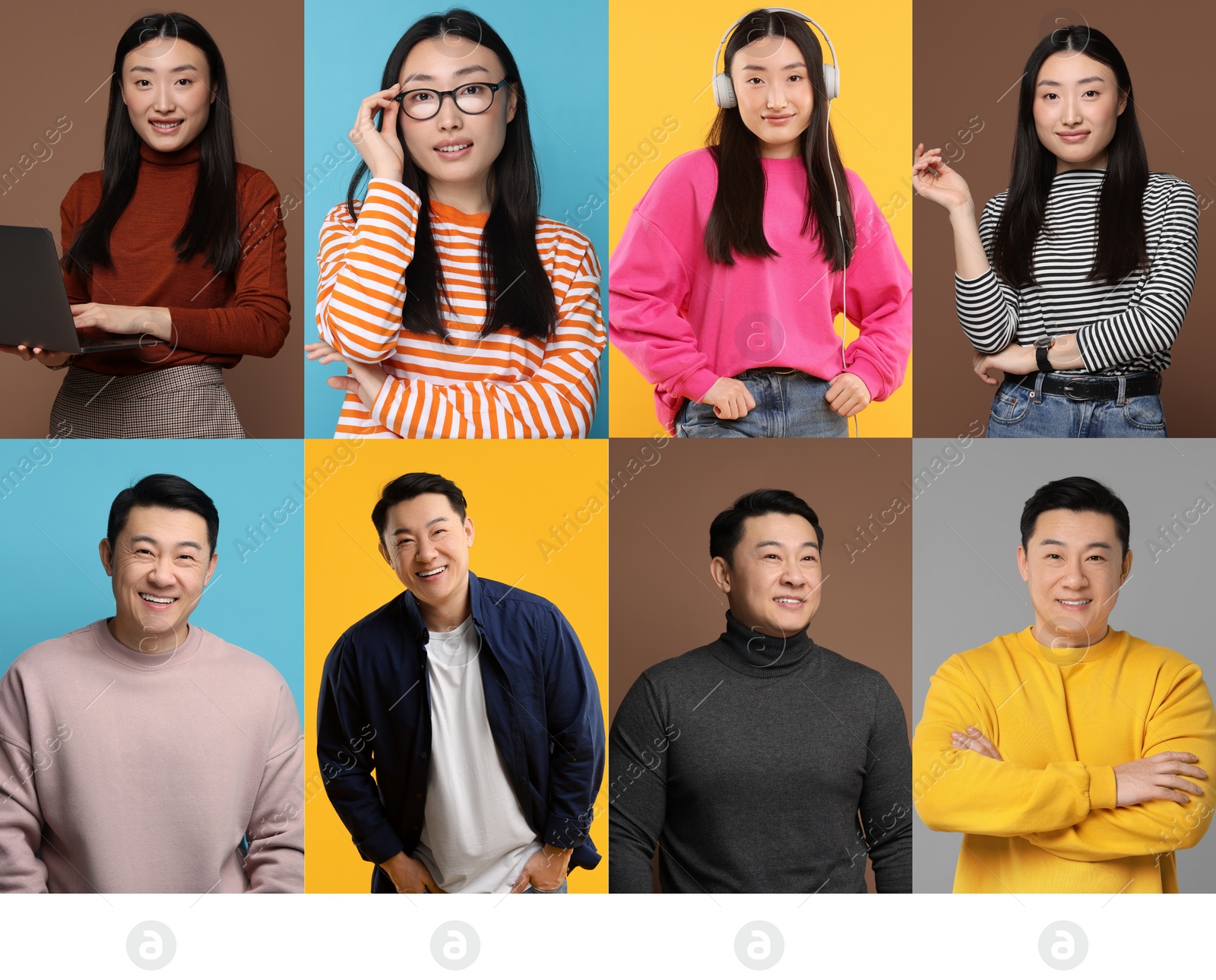 Image of Collage with photos of Asian woman and man on different color backgrounds