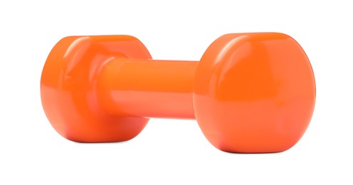 Photo of Orange dumbbell isolated on white. Sports equipment