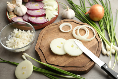 Composition with fresh onion on grey table