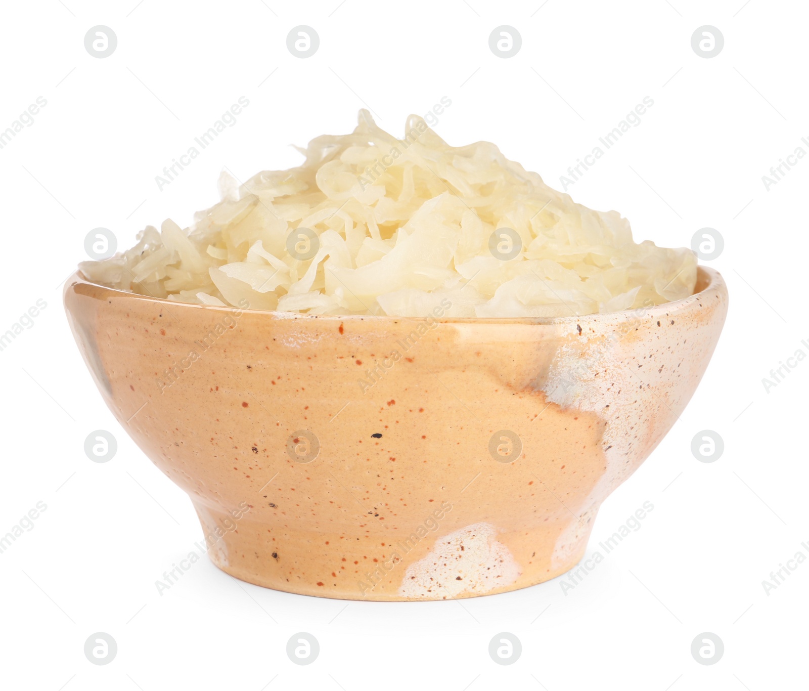 Photo of Bowl of tasty sauerkraut on white background