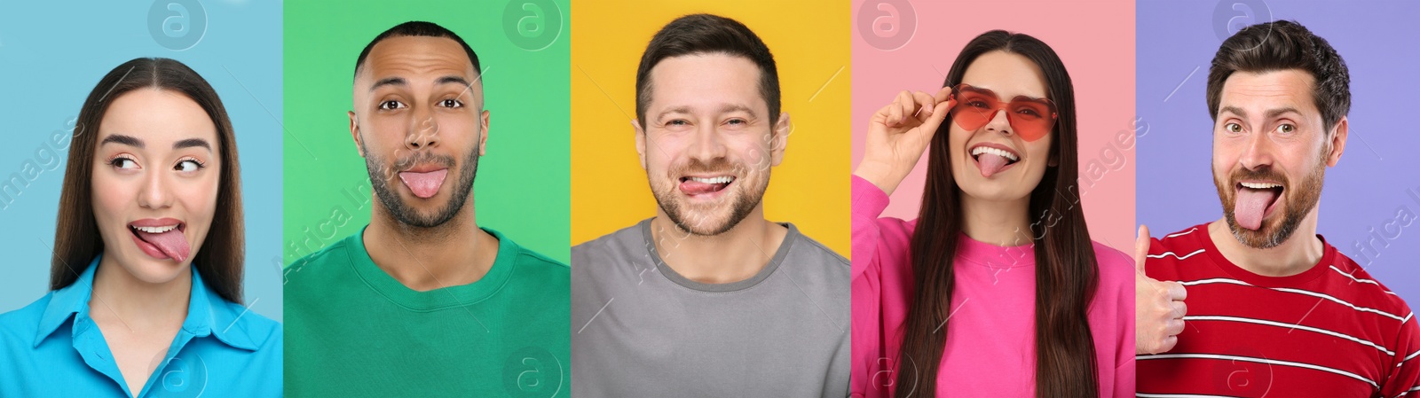 Image of Collage with photos of people showing their tongues on different color backgrounds