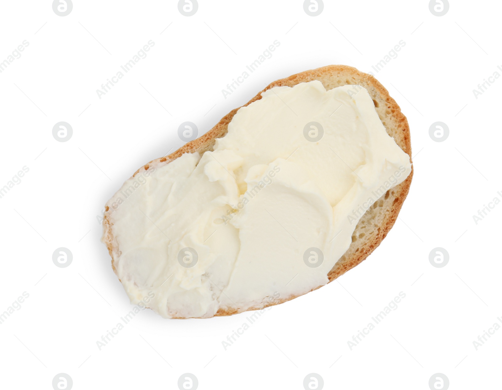 Photo of Bread with cream cheese on white background, top view