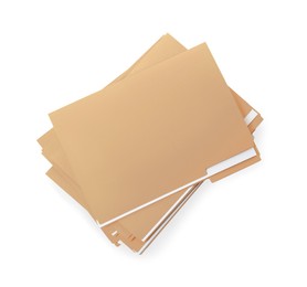Stack of yellow files with documents on white background, top view