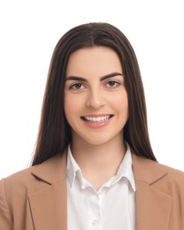 Image of Passport photo. Portrait of woman on white background