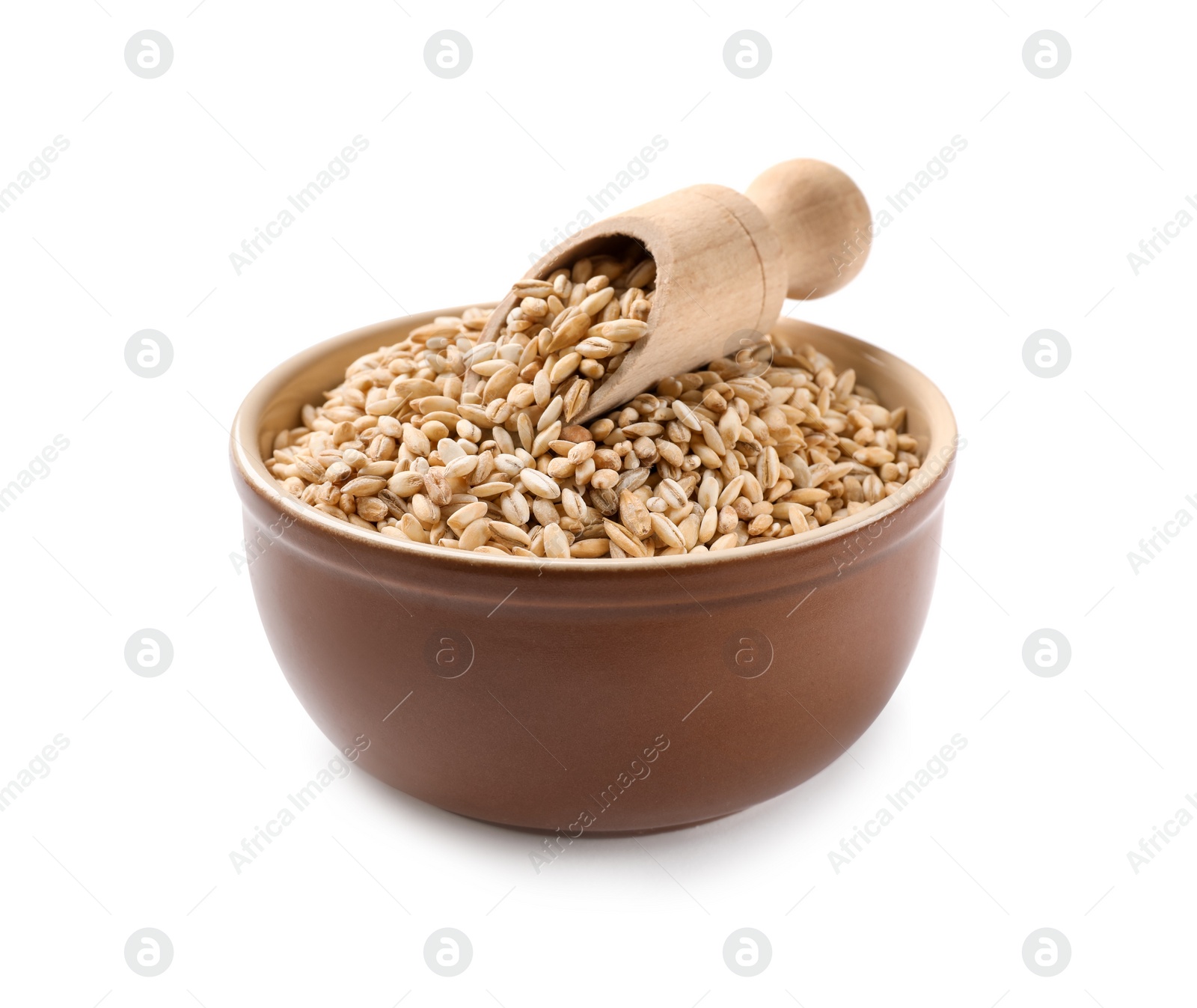 Photo of Dry pearl barley in bowl and scoop isolated on white