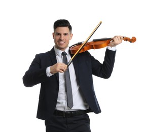 Photo of Man playing violin on white background. Music teacher