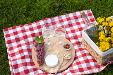 Glasses of white wine and snacks for picnic served on blanket outdoors, above view