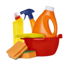 Photo of Different cleaning supplies and tools on white background