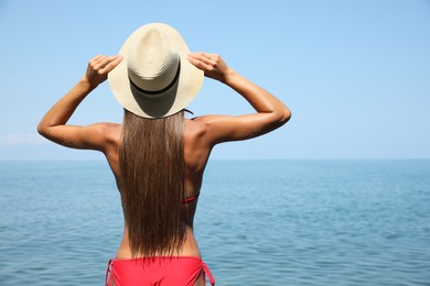 Photo of Sexy young woman in stylish bikini and straw hat on seashore, back view. Space for text