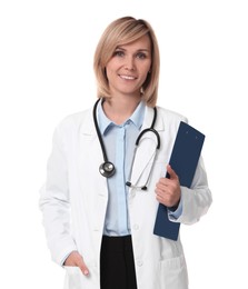 Photo of Smiling doctor with clipboard on white background