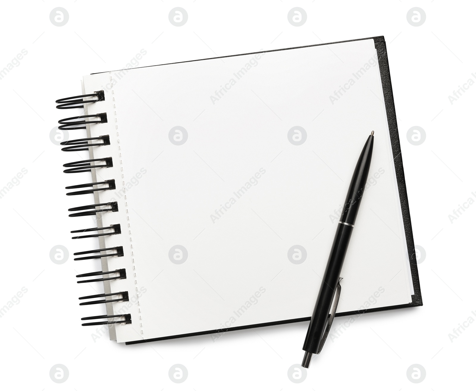 Photo of Open empty notebook and pen isolated on white, top view