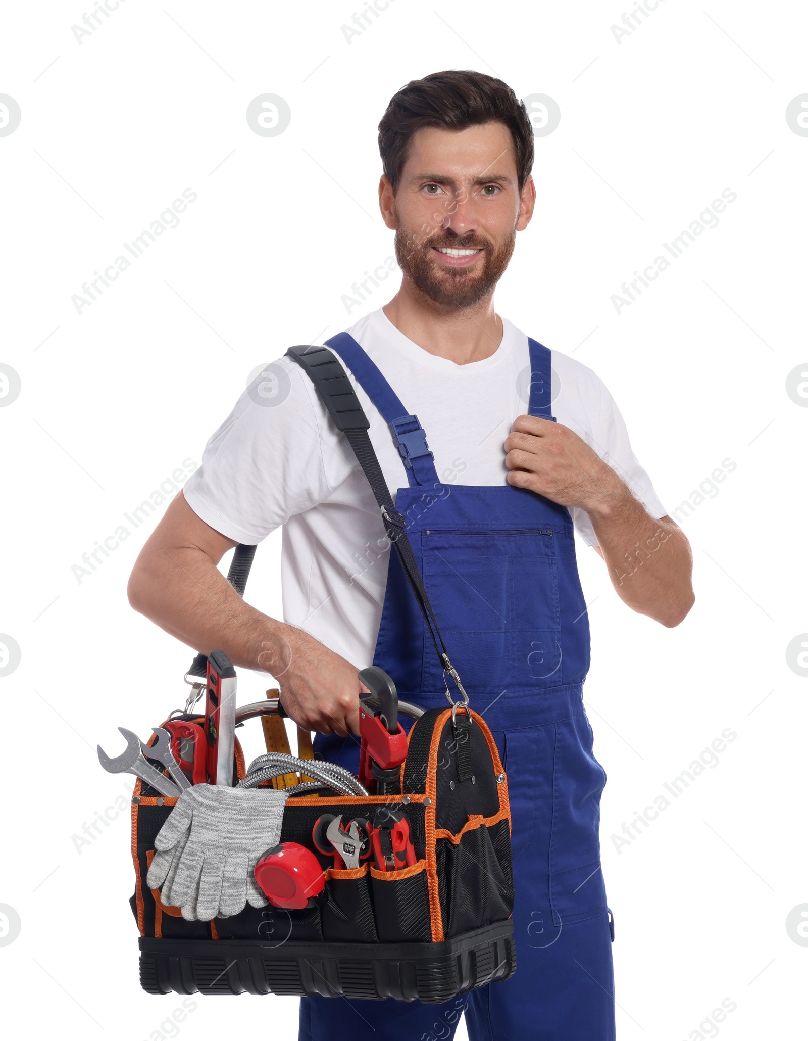 Photo of Professional plumber with tool bag on white background