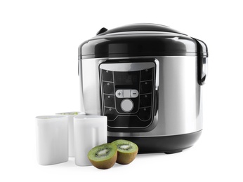 Photo of Modern multi cooker with cups of homemade yogurt and kiwi isolated on white