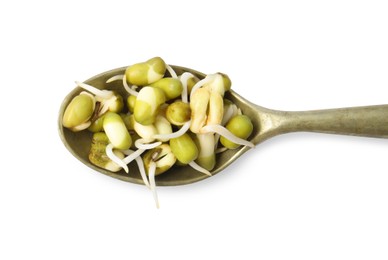Spoon with fresh sprouted mung beans isolated on white, closeup