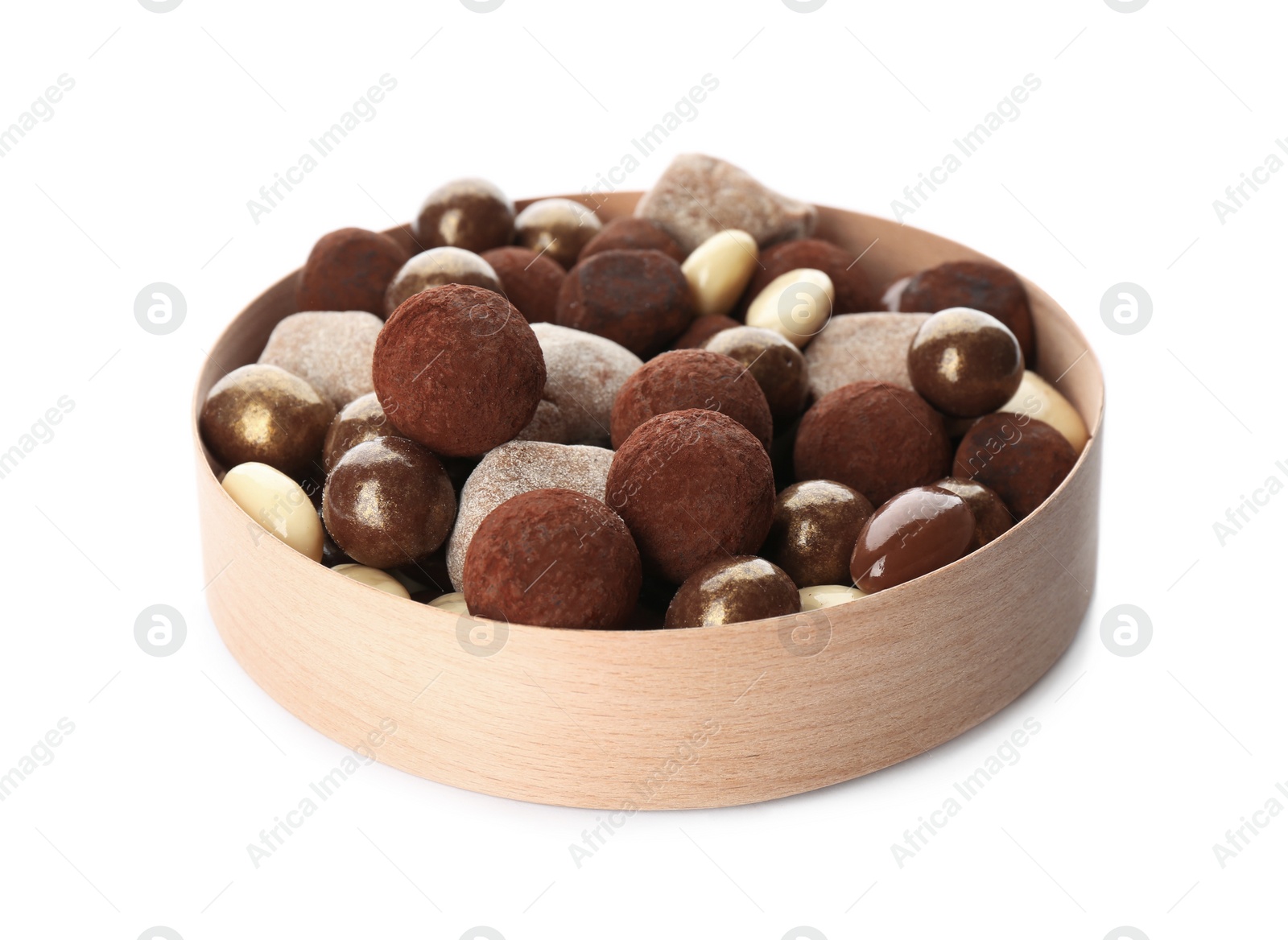 Photo of Delicious chocolate candies in box on white background