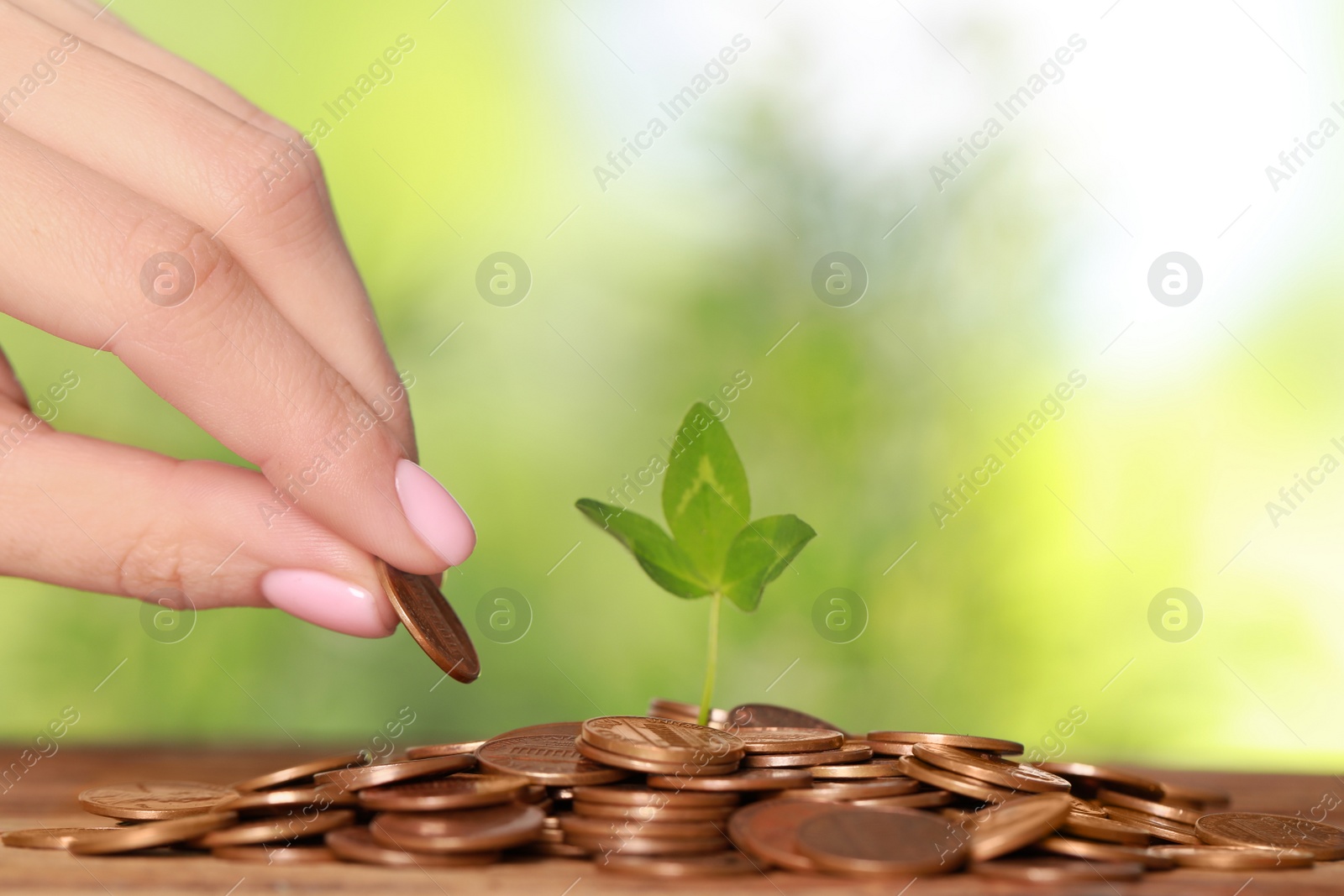 Photo of Woman putting coin onto pile with green sprout at wooden table against blurred background, closeup. Investment concept