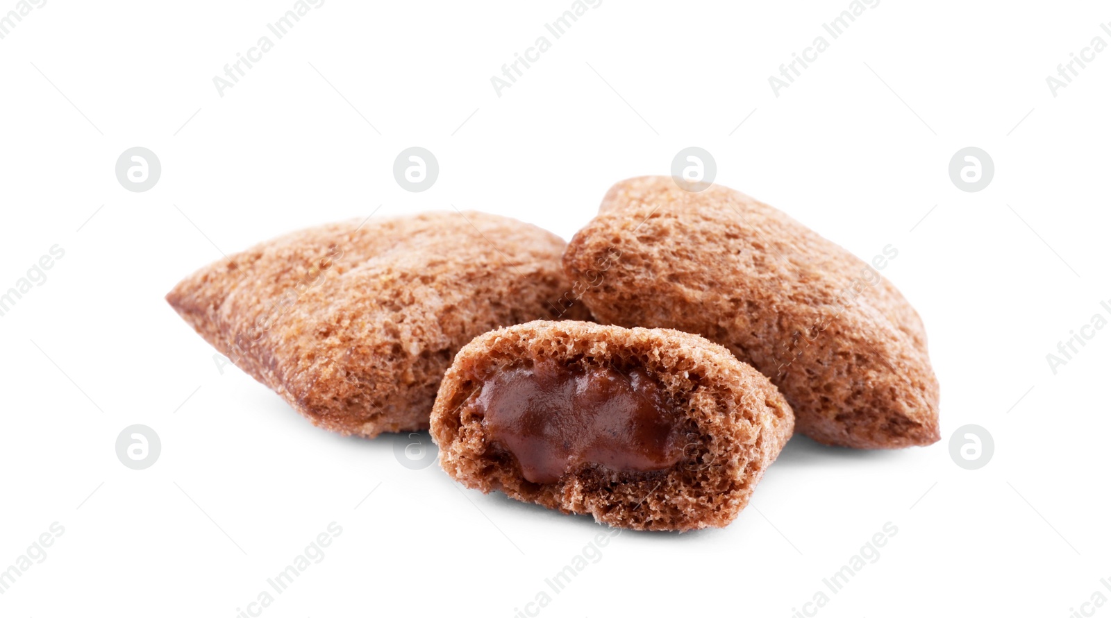 Photo of Broken chocolate corn pads on white background