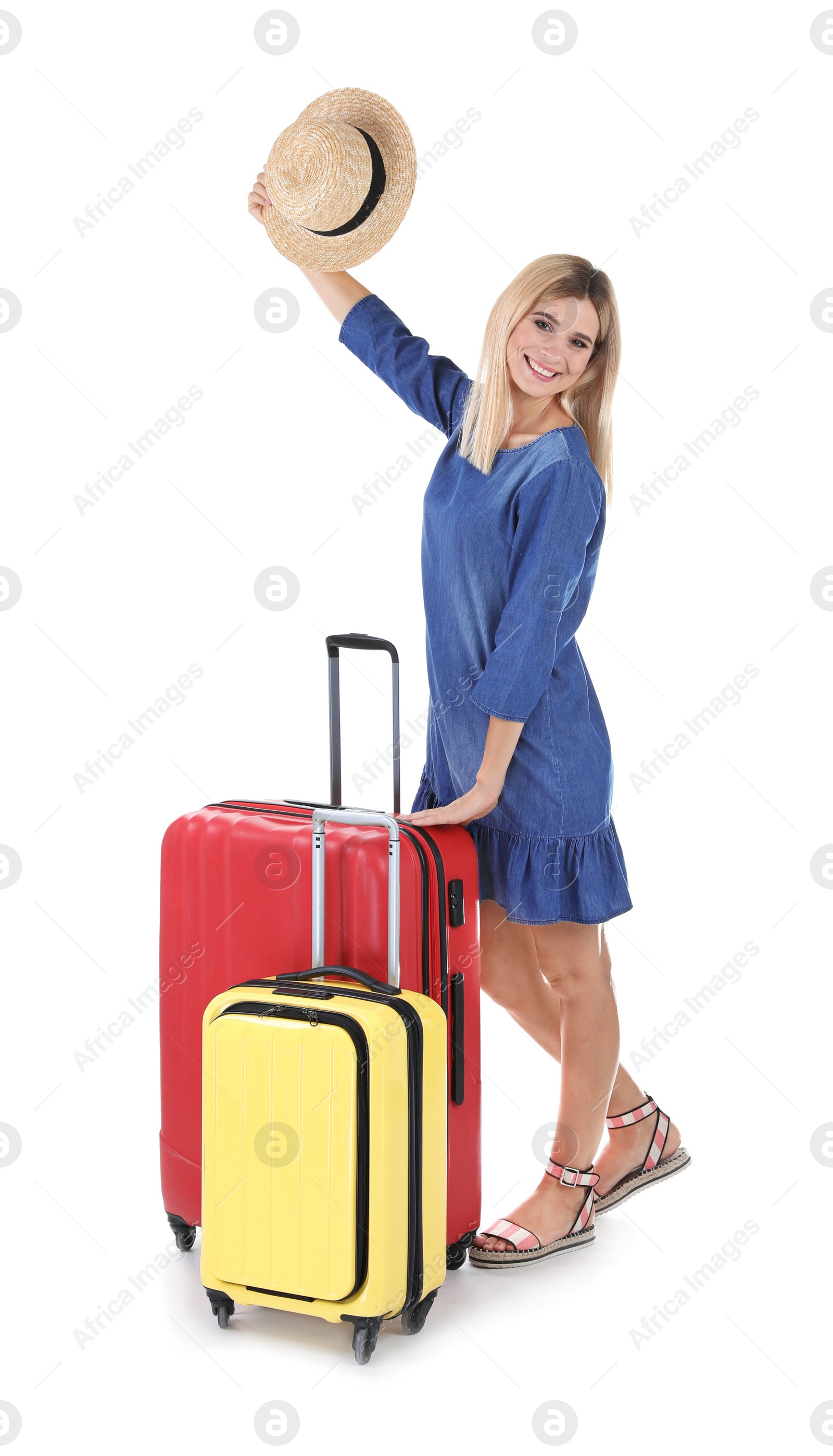 Photo of Woman with suitcases on white background. Vacation travel