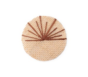 Photo of Circle made of burlap fabric with brown stitches isolated on white, top view