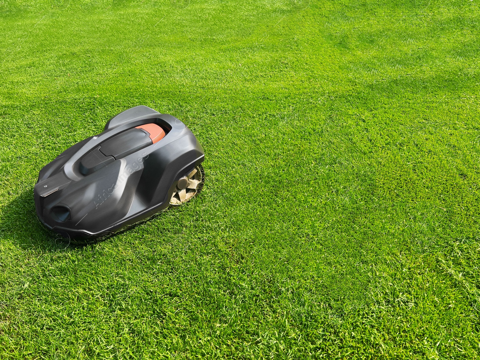 Photo of Modern robot lawn mower on green grass in garden