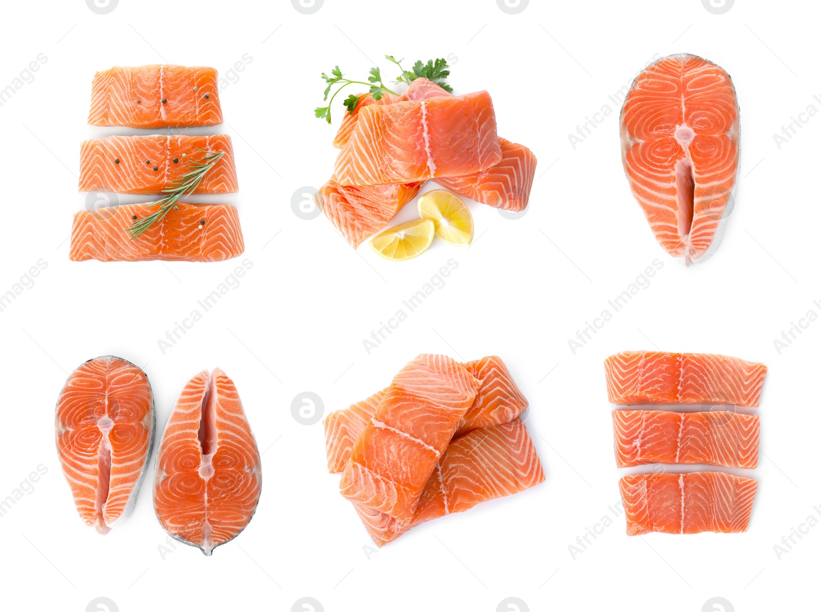 Image of Set with steaks of fresh raw salmon on white background, top view. Fish delicacy