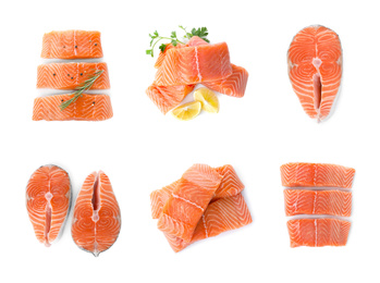 Image of Set with steaks of fresh raw salmon on white background, top view. Fish delicacy