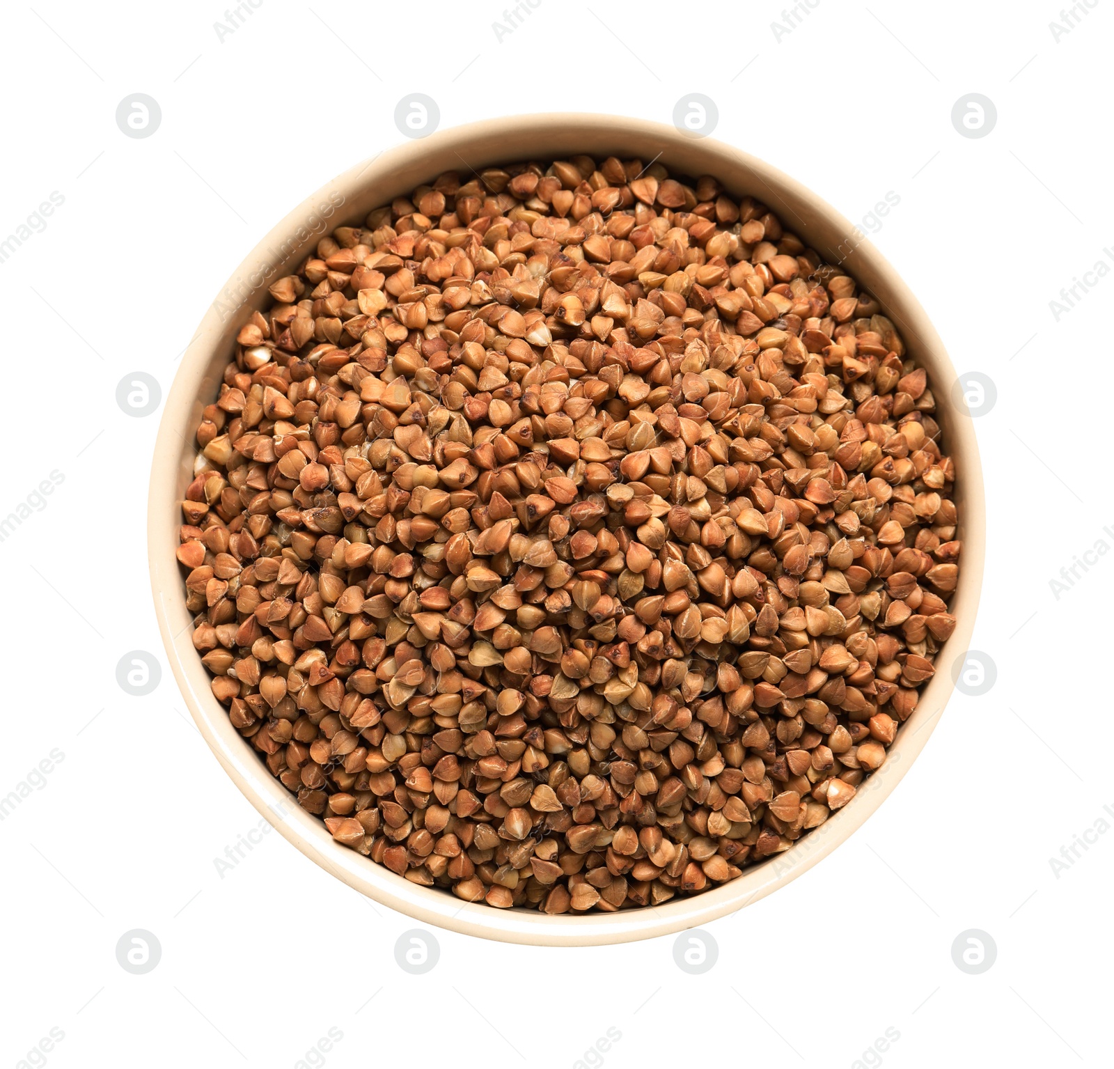 Photo of Bowl with buckwheat on white background, top view. Natural food high in protein