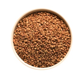 Bowl with buckwheat on white background, top view. Natural food high in protein