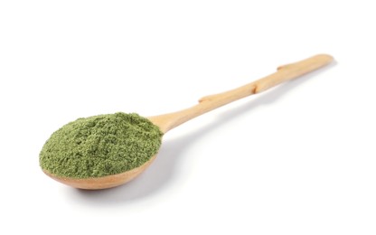 Photo of Wheat grass powder in wooden spoon isolated on white