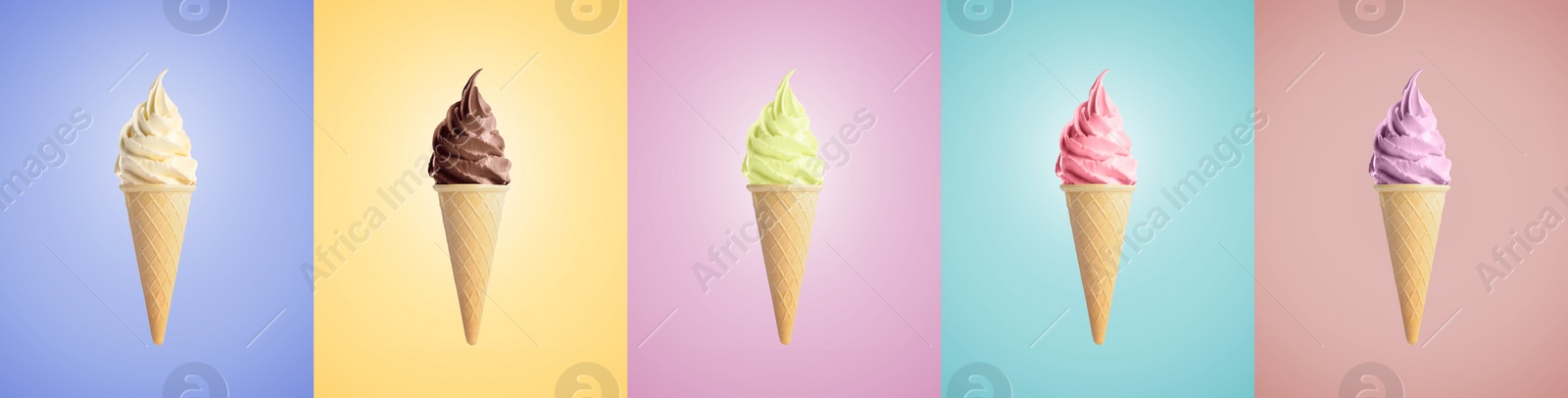 Image of Ice cream in different flavors on pastel color backgrounds. Soft serve