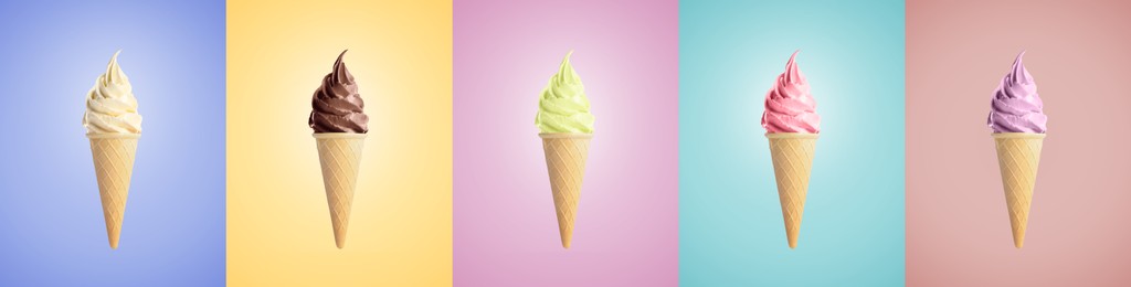 Ice cream in different flavors on pastel color backgrounds. Soft serve