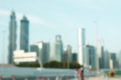 DUBAI, UNITED ARAB EMIRATES - NOVEMBER 03, 2018: Landscape with modern hotels on sunny day, blurred view