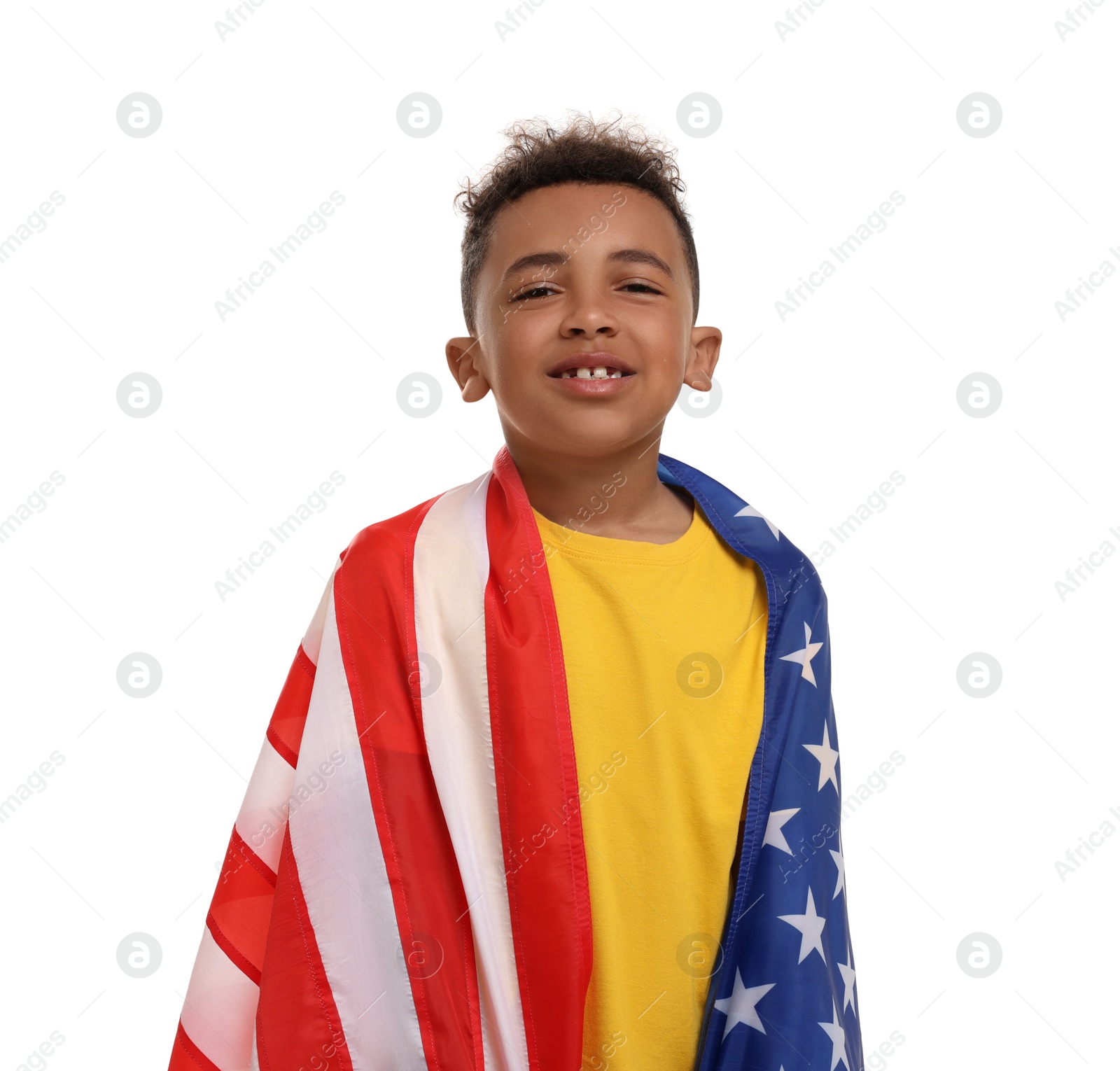 Photo of 4th of July - Independence Day of USA. Happy boy with American flag on white background