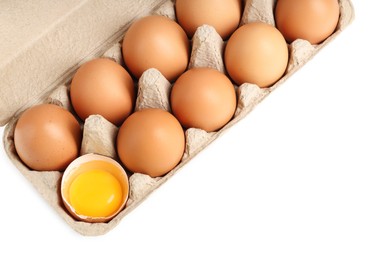 Chicken eggs in carton isolated on white, top view