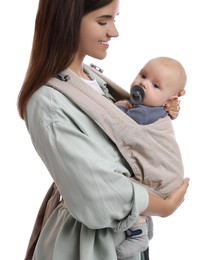 Photo of Mother holding her child in baby carrier on white background, closeup
