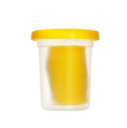 Plastic container of yellow play dough isolated on white