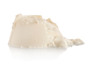 Photo of Tasty creamy feta cheese on white background