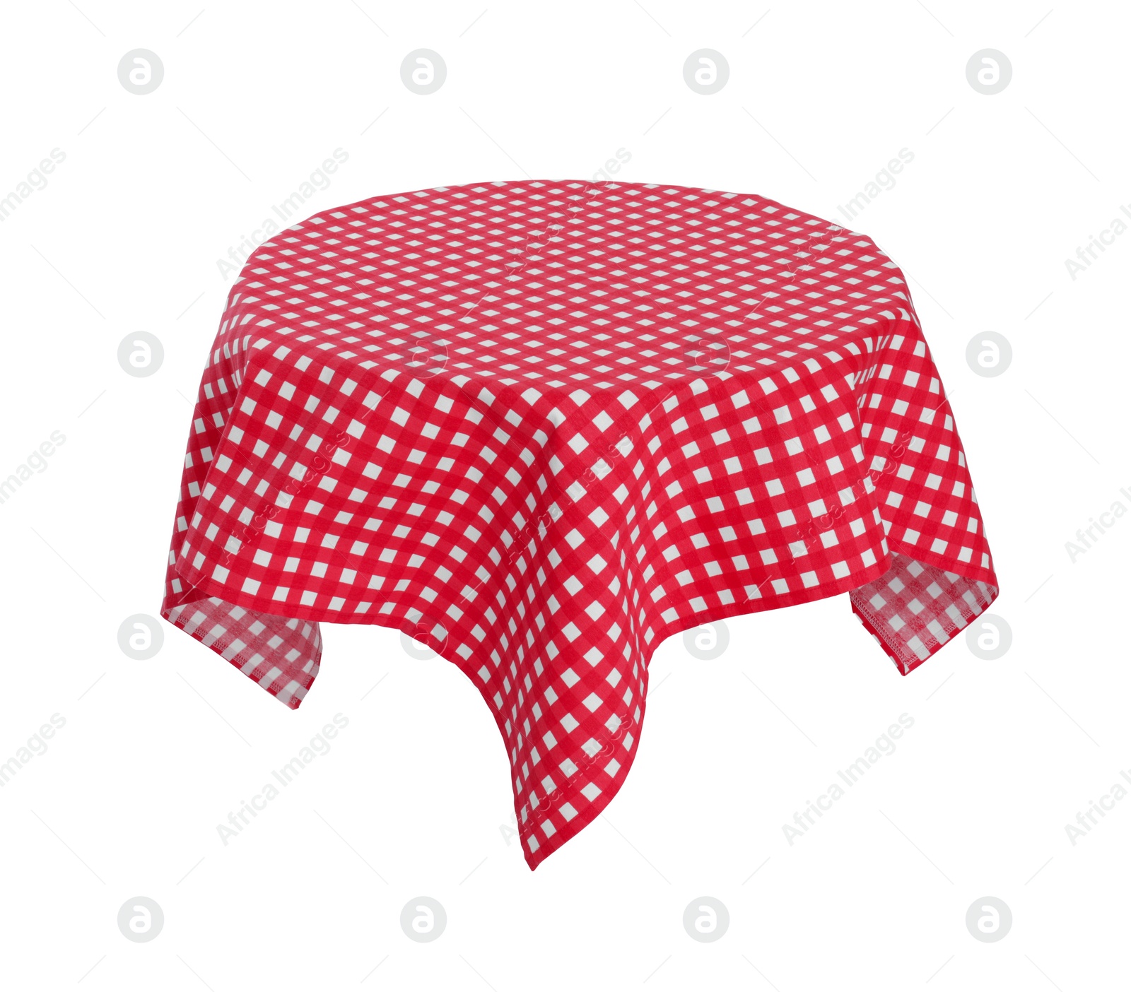 Photo of Table with checkered tablecloth isolated on white