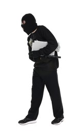 Thief in balaclava with gun and briefcase of money on white background