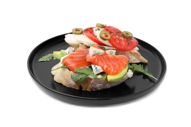 Photo of Plate with different tasty bruschettas on white background