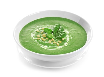 Photo of Dish with spinach cream soup on white background. Healthy food
