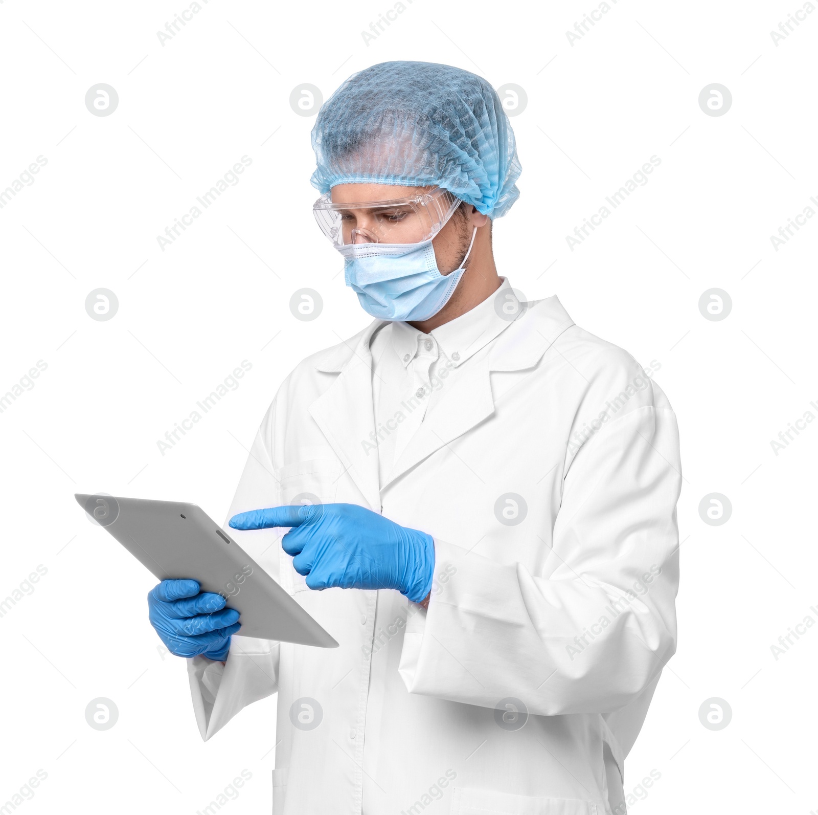 Photo of Quality control. Food inspector with tablet on white background