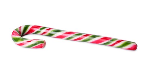 Photo of Sweet Christmas candy cane on white background