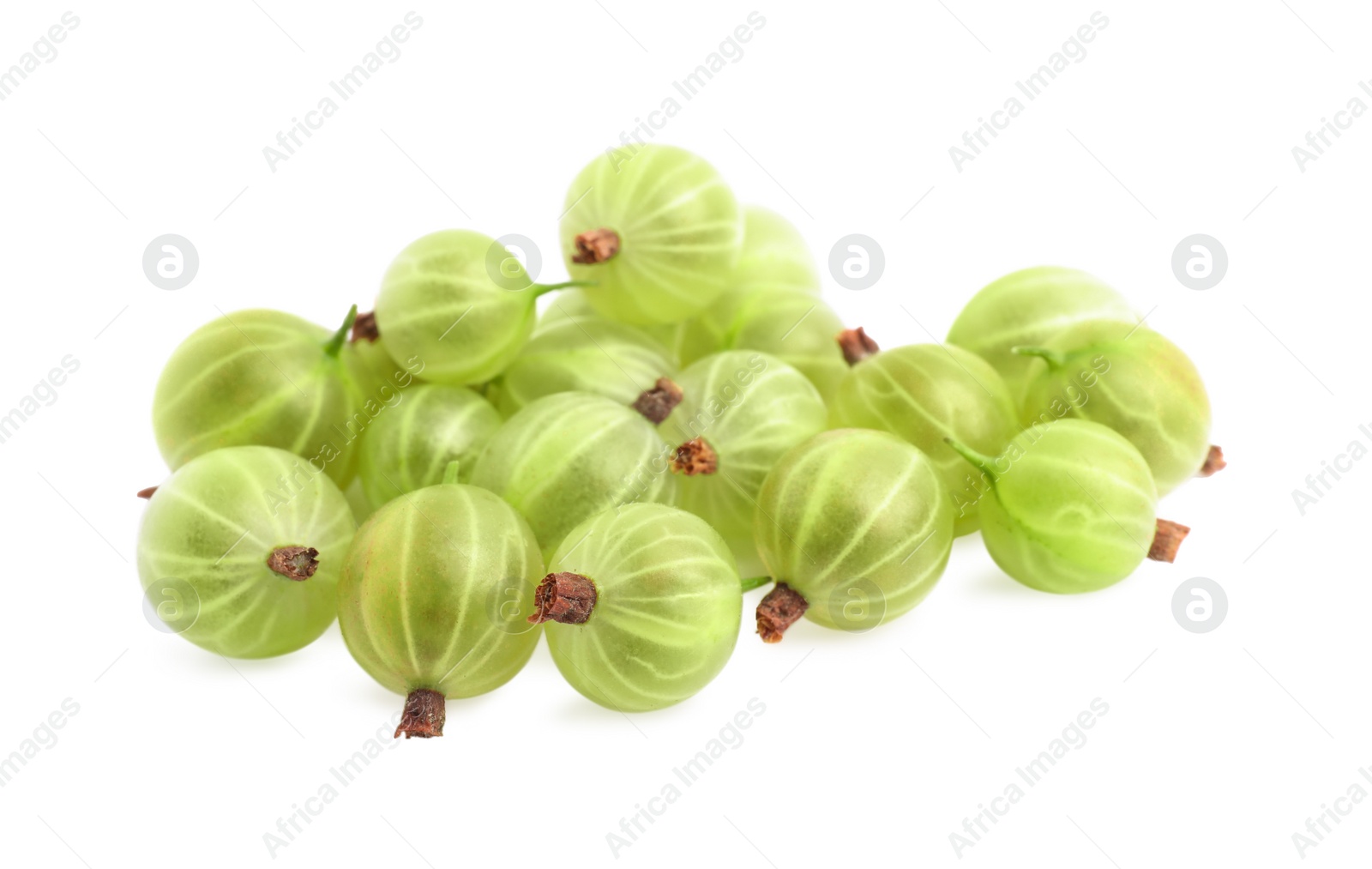 Photo of Pile of fresh ripe gooseberries on white background